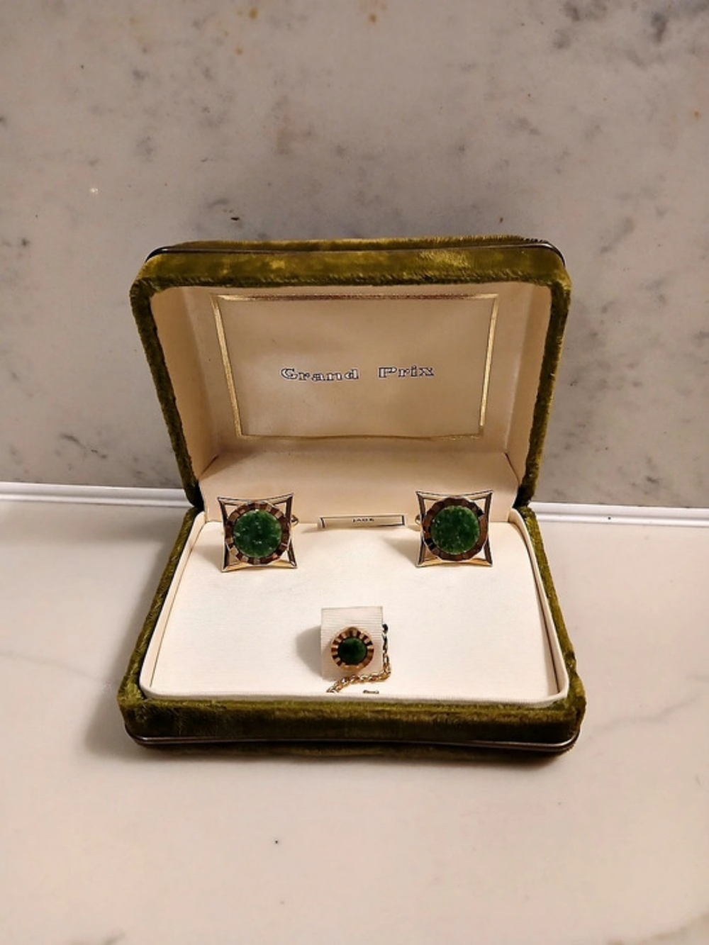 Grand Prix Green Jade Cufflink and Tie Tack Set Green & Gold Jewelry Set